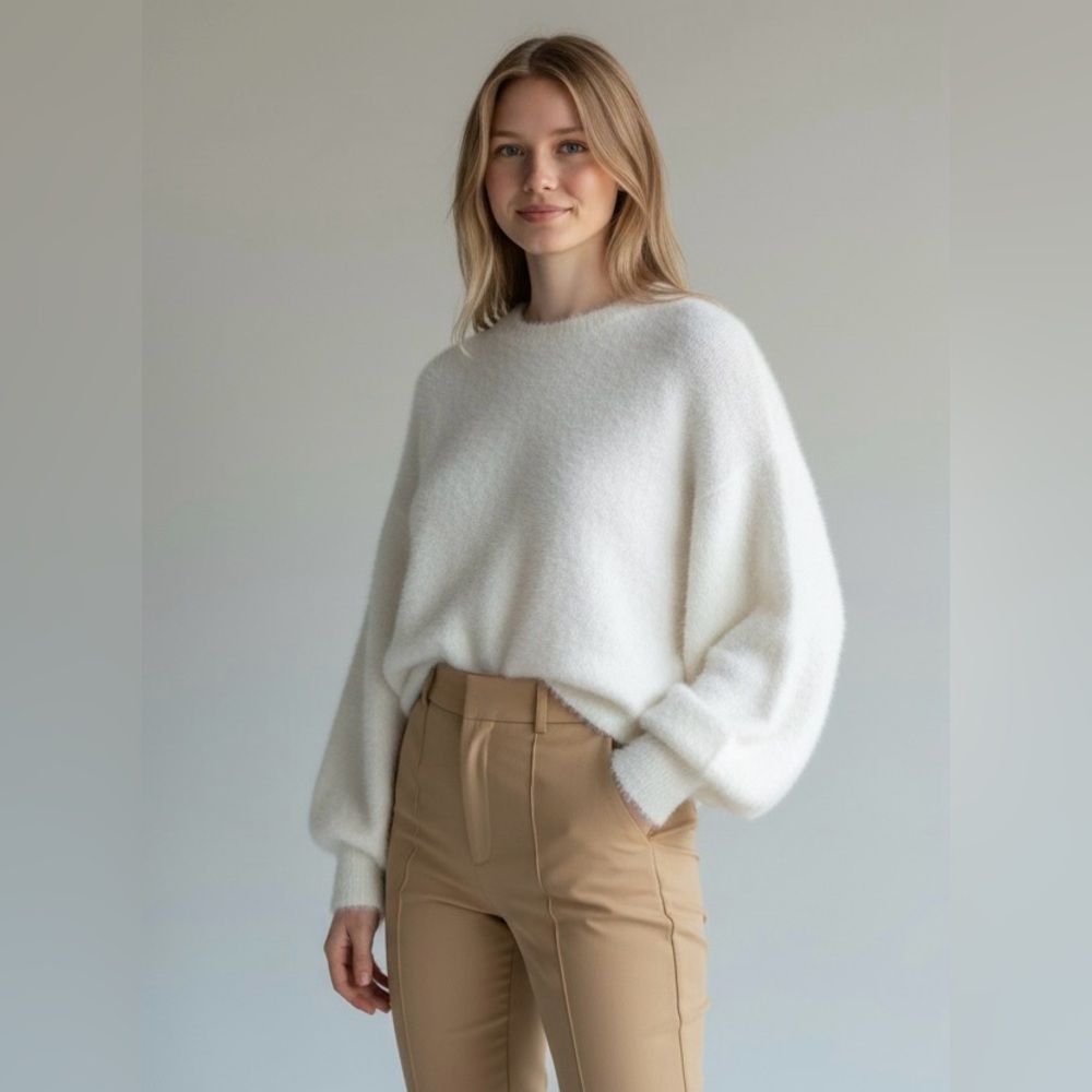 London Kaye White Oversized Fuzzy Knit Sweater Balloon Sleeve Pullover Top‎ XS